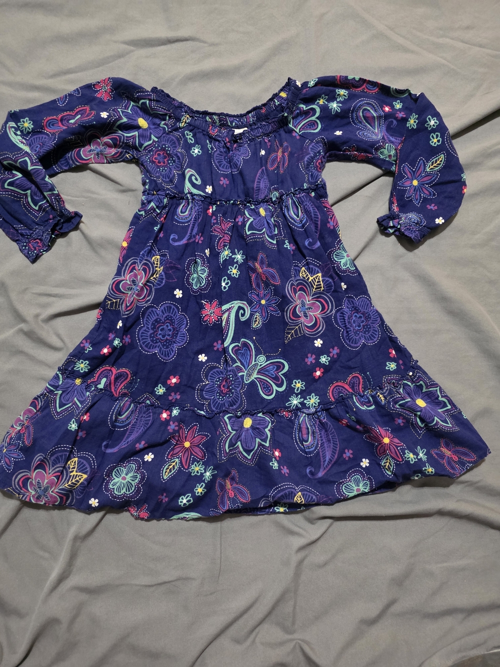 Lands' End Navy Floral Long-Sleeve Ruffle Dress